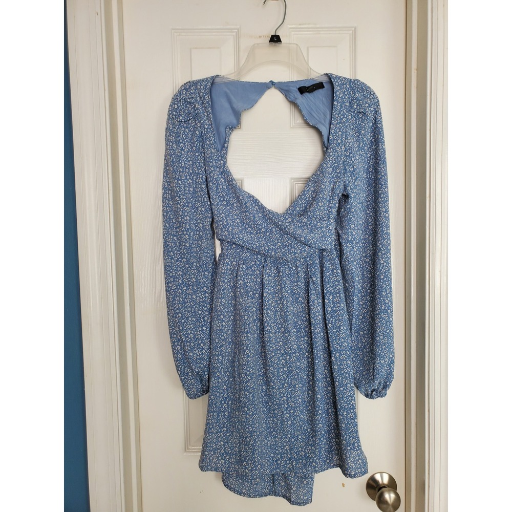 Lulus Romper Blue Floral Long Sleeve Open Back Tie Back Cottagecore Boho Small